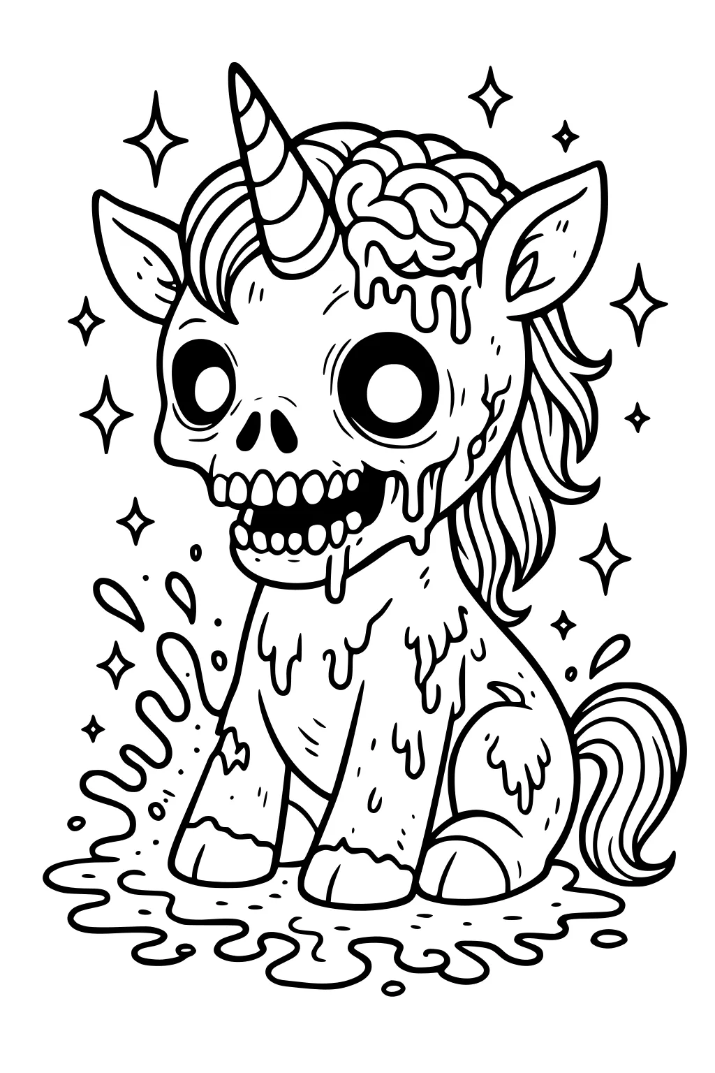 Cartoon zombie unicorn in a slime puddle with exposed brain, big round eyes, striped horn, dripping goo, stars around, and a toothy grin.