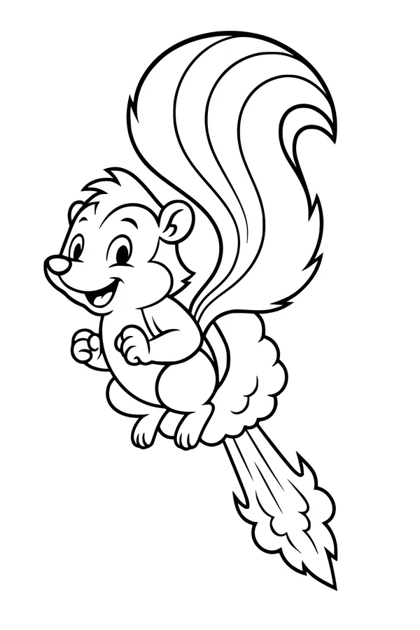 Free Skunk Coloring Page - Cartoon Skunk Blasting Off in the Sky (Printable PDF)