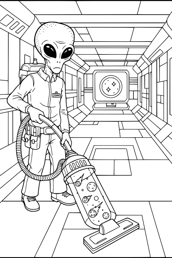 Free Alien Janitor Coloring Page - Zorp Vacuuming a Spaceship Hallway (Printable PDF)