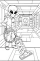 Free Alien Janitor Coloring Page - Zorp Vacuuming a Spaceship Hallway (Printable PDF)