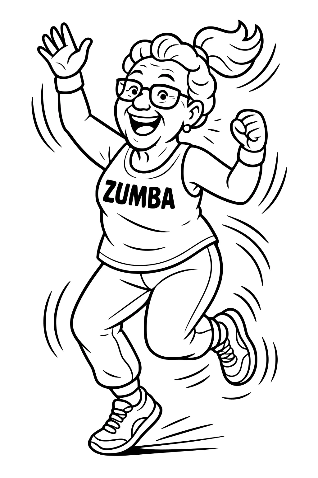 Smiling retired woman with glasses jumps in Zumba, ponytail up, ZUMBA tank, leggings and sneakers, motion lines show lively movement.